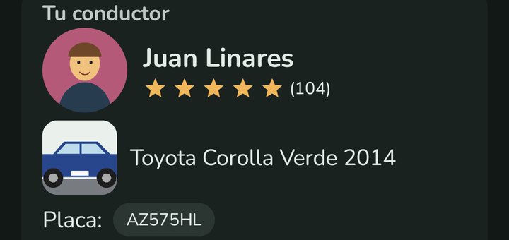 Ficha del conductor en la app: foto, nombre, calificación, carro y placa